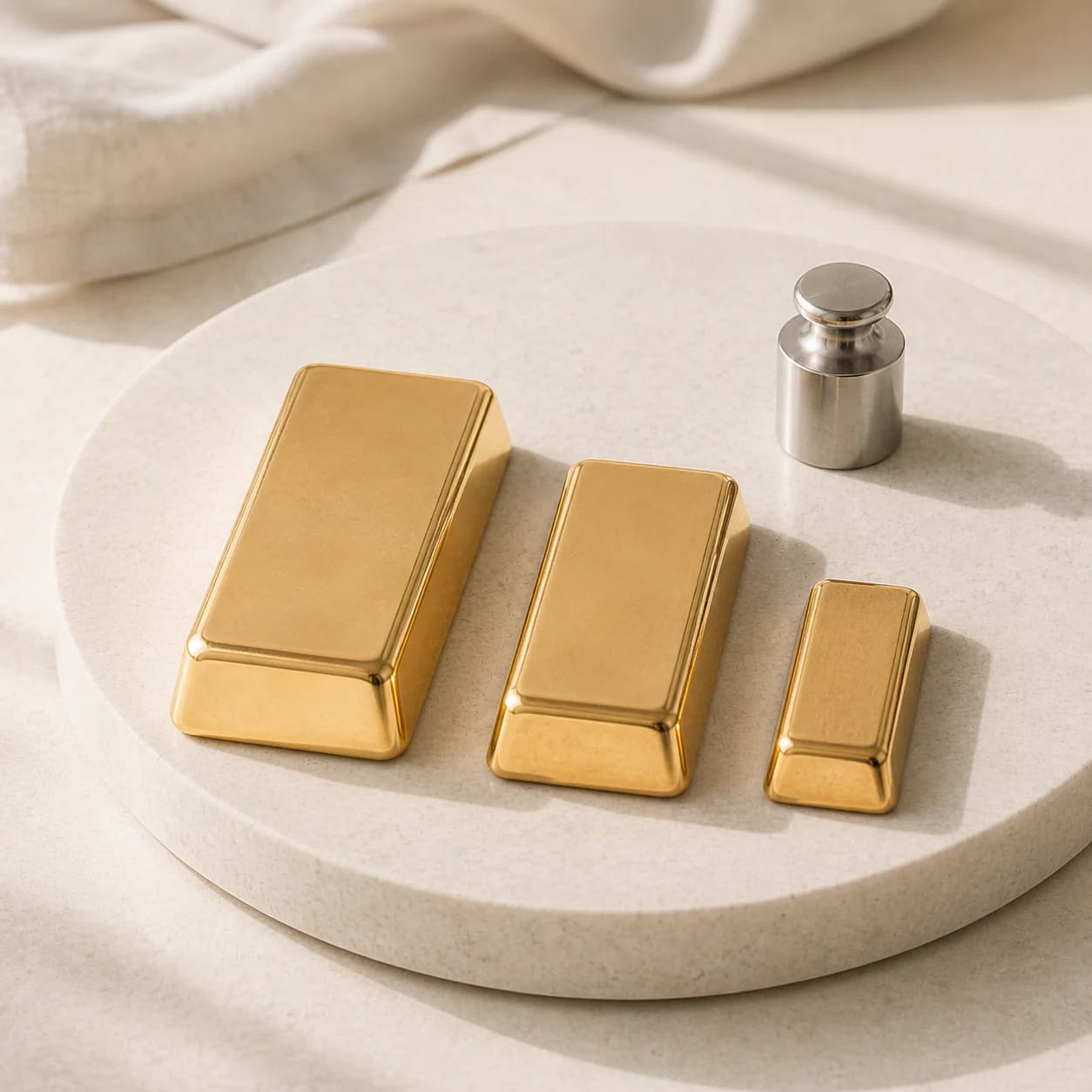 Three unbranded gold bars in different professional trade sizes