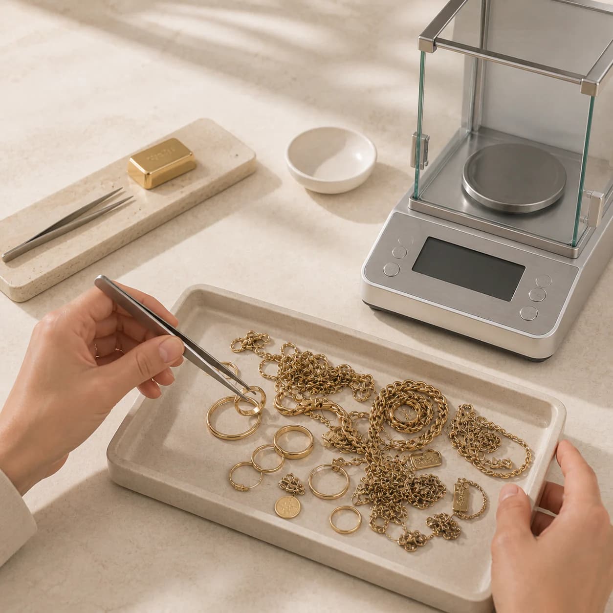 Mixed gold jewellery being sorted for evaluation beside a precision scale